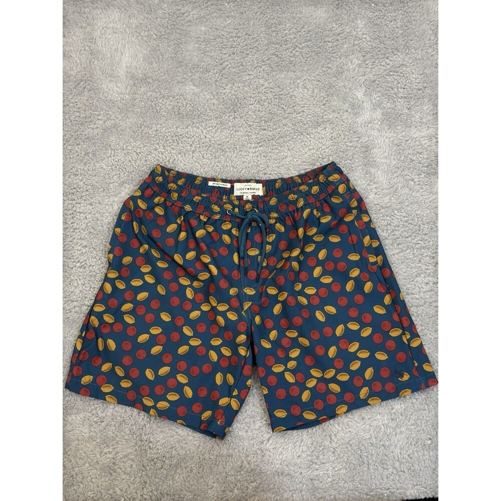 Lucky Brand Swimwear Mens M‎ Blue Swim Trunks Lemons  Oranges Print Mesh Lined